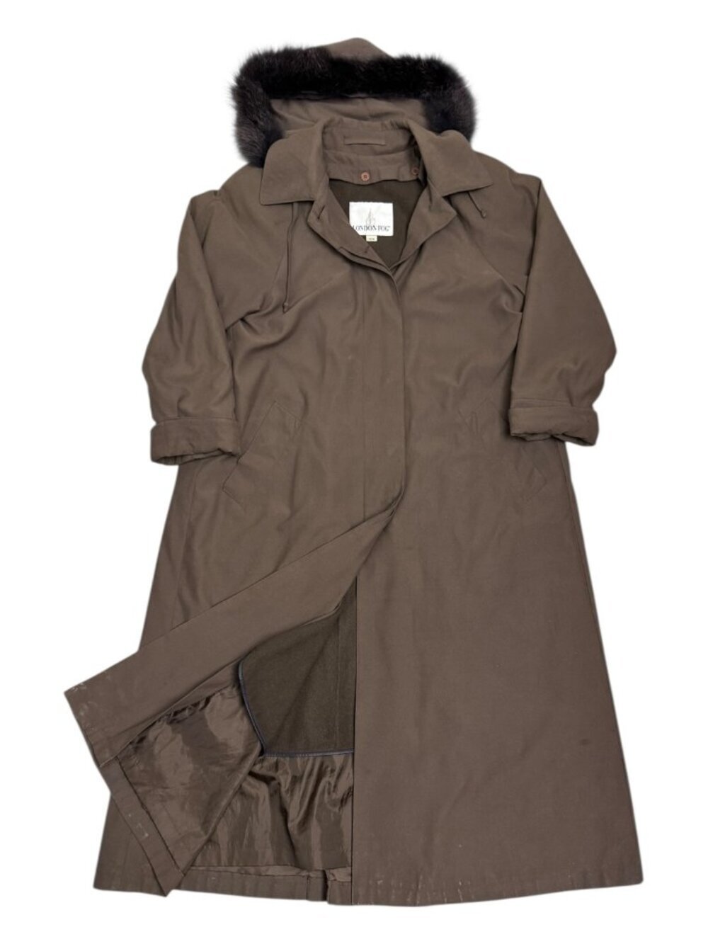 LONDON FOG Vintage 90s Luxury Genuine Fur Hood Long Trench Coat Womens 10